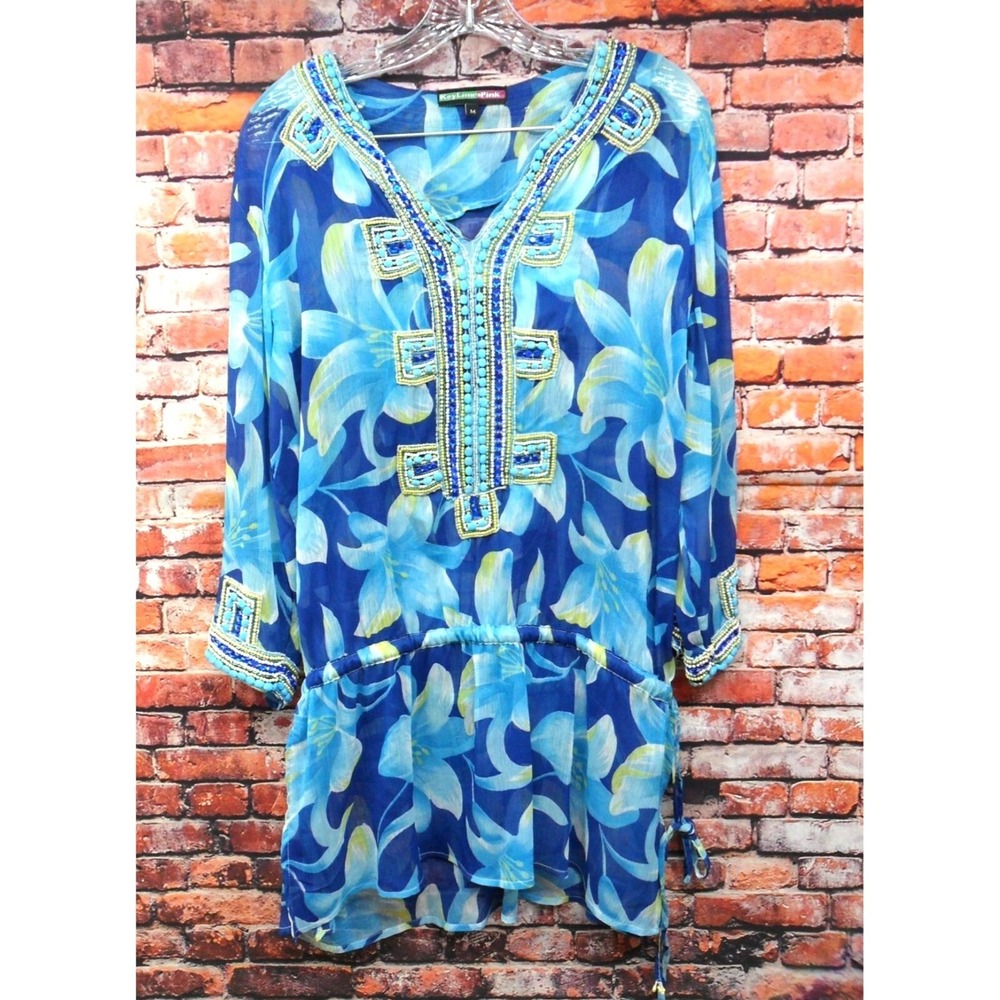 VTG Key Lime Pie Women's Blue Floral Beaded Tunic Blouse M